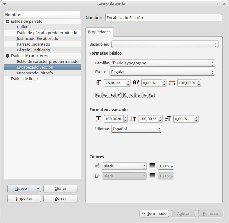 Ventana Gestor de estilos de la interfaz de Scribus