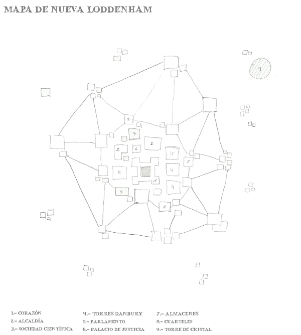 Mapa a lápiz de Nueva Loddenham vista desde arriba, como un pequeño grupo de edificios en el centro, unidos por líneas que representan los cables teleféricos, y otros más pequeños aislados en la periferia.
