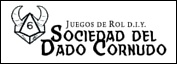 Logo de la Sociedad del Dado Cornudo. Un dado de diez caras con cuernos junto a un texto que dice Juegos de rol Do It Yourself. Sociedad del Dado Cornudo.