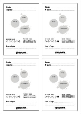 Hojas de personaje para el juego de rol Horrorama. Dividido en cuatro partes iguales. La hoja de personaje simula tres gotas de sangre donde se escriben los atributos del personaje. Hay casilleros y contadores para los niveles de salud y los puntos de drama, además de para los datos básicos como el nombre, armas y equipo.