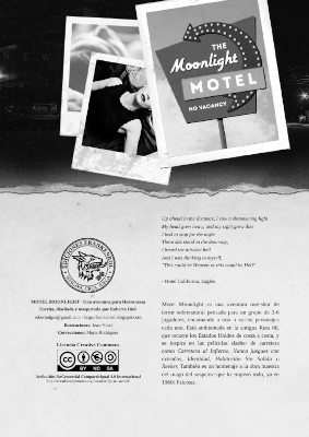 Portada para el suplemento Motel Moonlight del juego de rol Horrorama. Simula una hoja desgarrada, en su parte superior se ven varias polaroids en blanco y negro de imágenes tiradas sobre camas de un motel. En la foto en primer plano se ve el cartel del Motel Moonlight con estilo de los años 50 o 60.