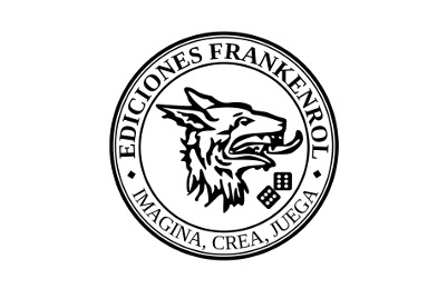 Logo de Ediciones Frankenrol. Un sello circular con una cabeza de lobo y dos dados de seis caras con dos seises. El texto alrededor dice Ediciones Frankenrol. Imagina. Crea. Juega.